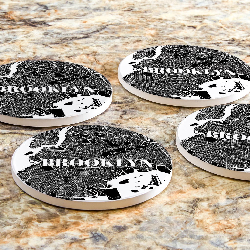 Minimalistic B&W New York Brooklyn Map | Absorbent Coasters | Set of 4 | Min 2