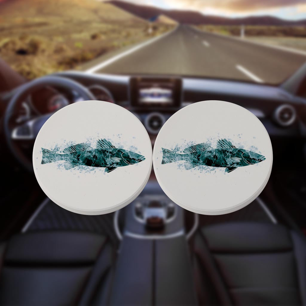 Blue White Water Color Speckled Trout | Absorbent Car Coasters | Set of 2 | Min 4