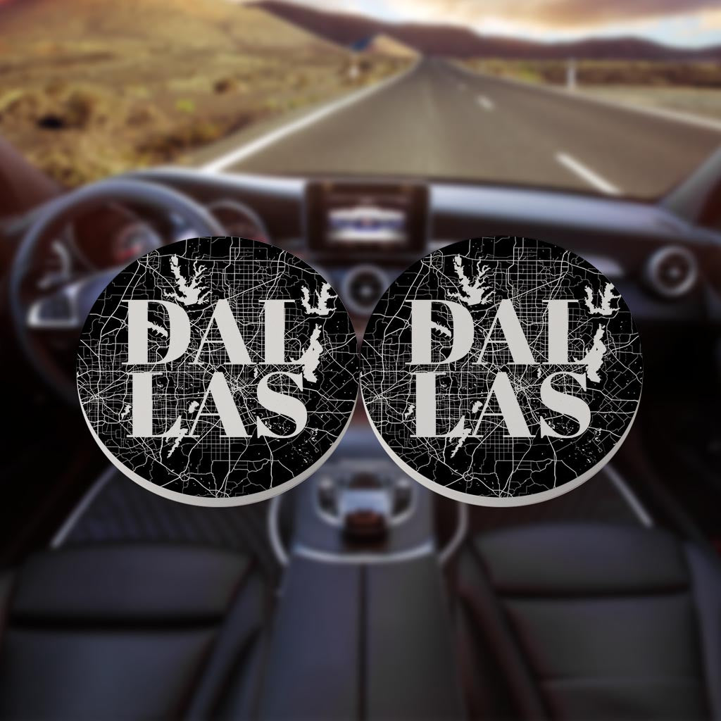 Modern Black Dallas Map| Absorbent Car Coasters | Set of 2 | Min 4