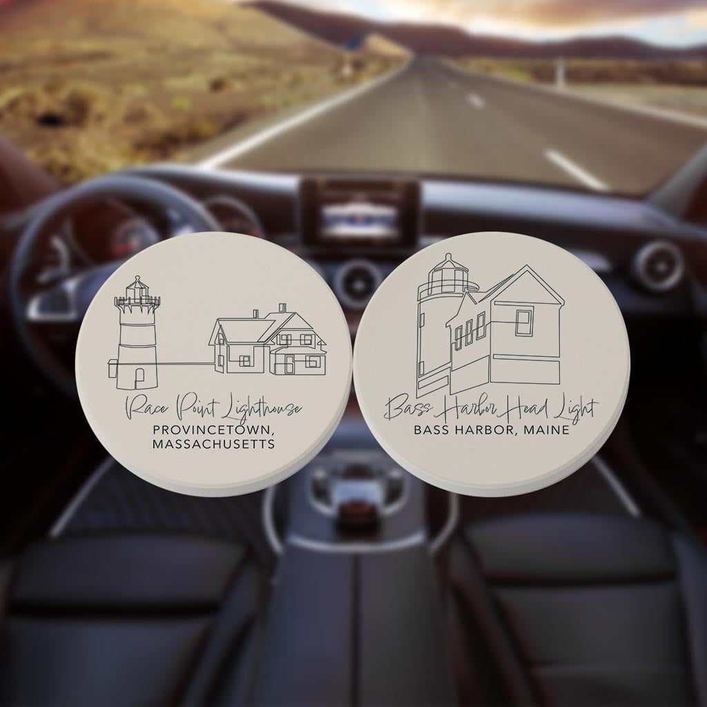 New England Lighthouses Cream Colored | Absorbent Car Coasters | Set of 2 | Min 4