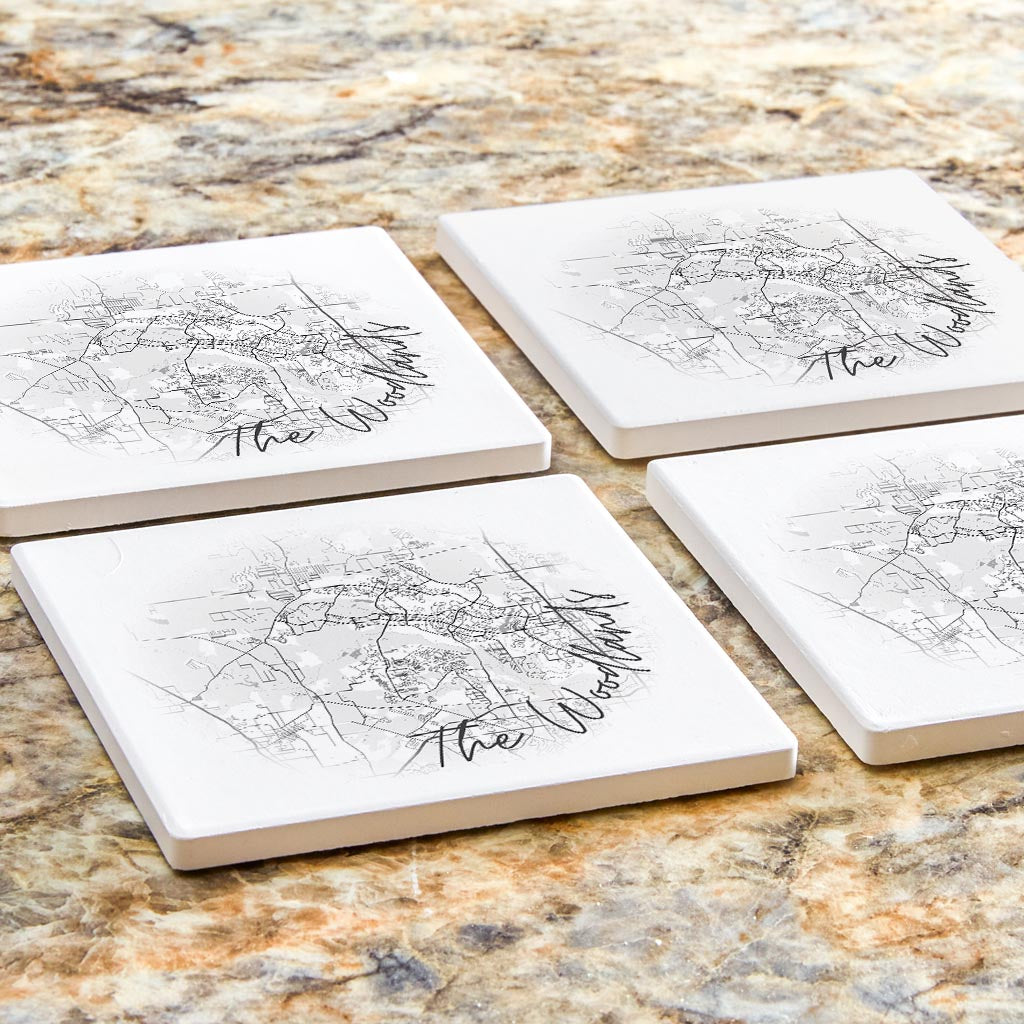 Minimalistic B&W Texas The Woodlands Circle Map | Absorbent Coasters | Set of 4 | Min 2