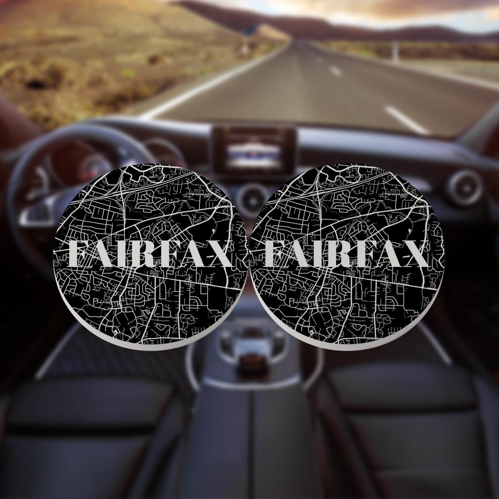 Minimalistic B&W Virginia Fairfax Map| Absorbent Car Coasters | Set of 2 | Min 4