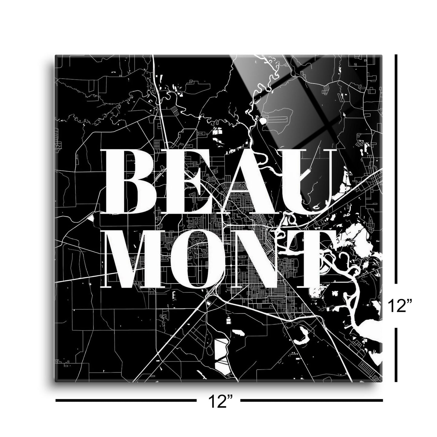 Minimalistic B&W Texas Beaumont Map | Hi-Def Glass Art | Eaches | Min 1
