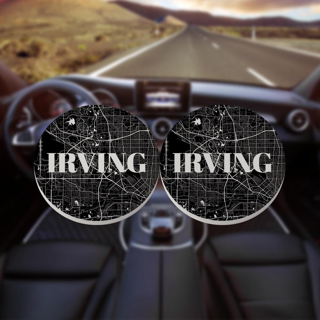 Minimalistic B&W Texas Irving Map | Absorbent Car Coasters | Set of 2 | Min 4