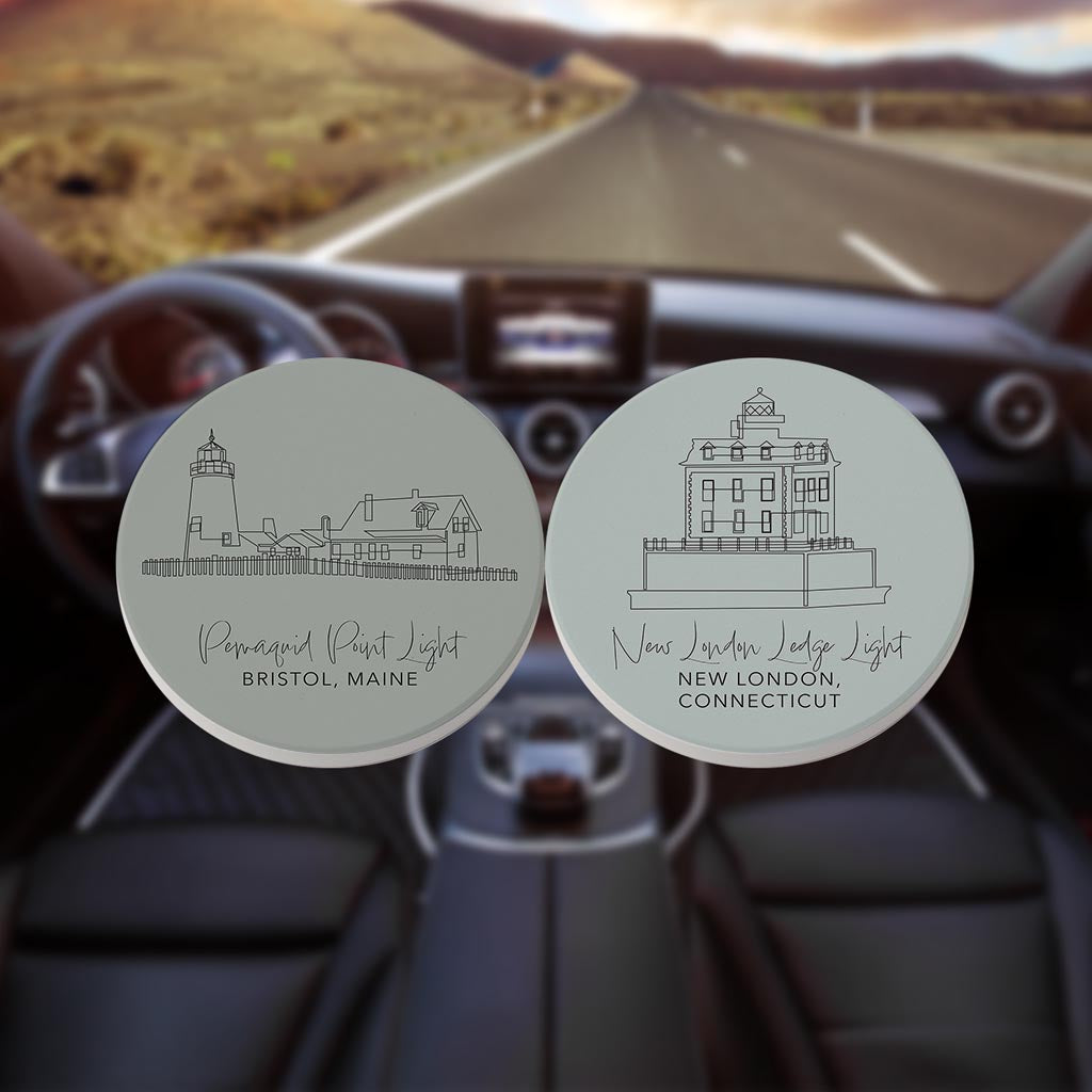 New England Lighthouses Muted Coastal | Absorbent Car Coasters | Set of 2 | Min 4