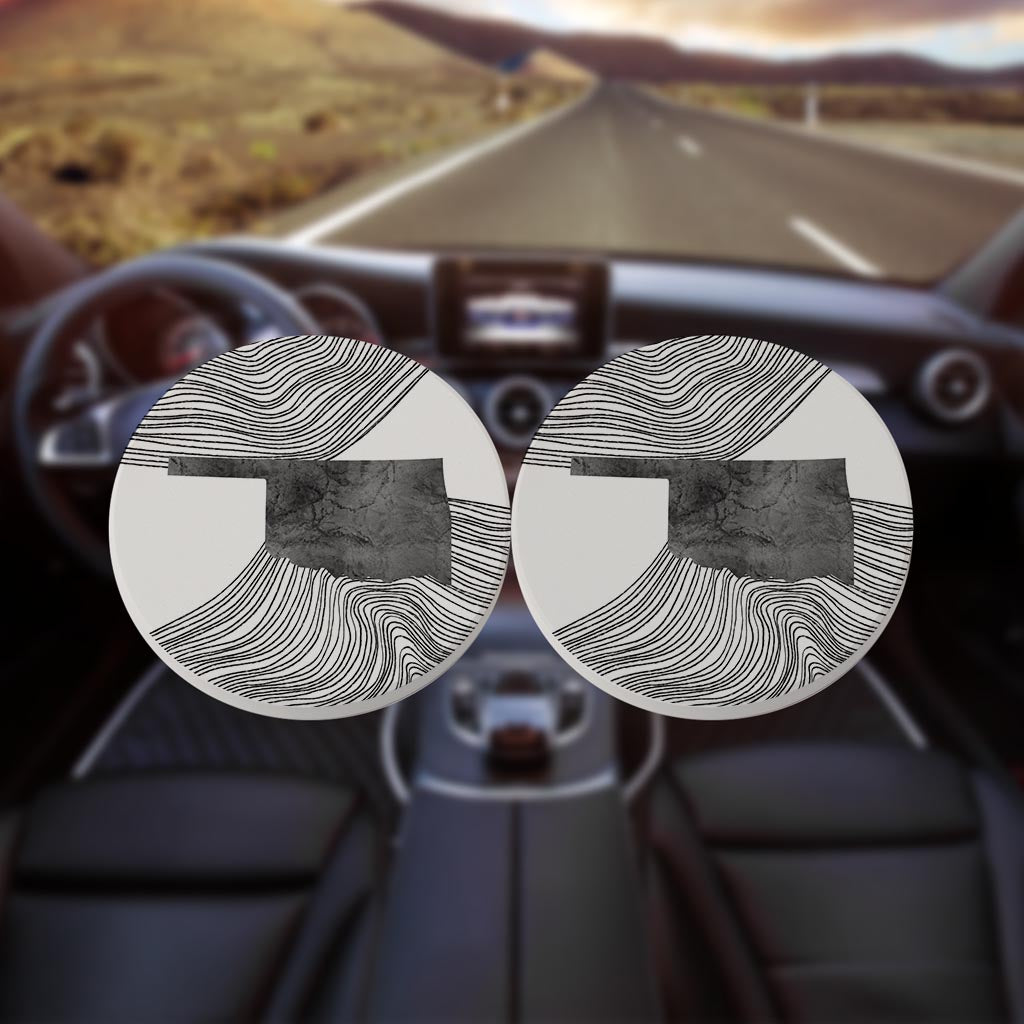 Modern Oklahoma State Shape With Fluid Lines | Absorbent Car Coasters | Set of 2 | Min 4
