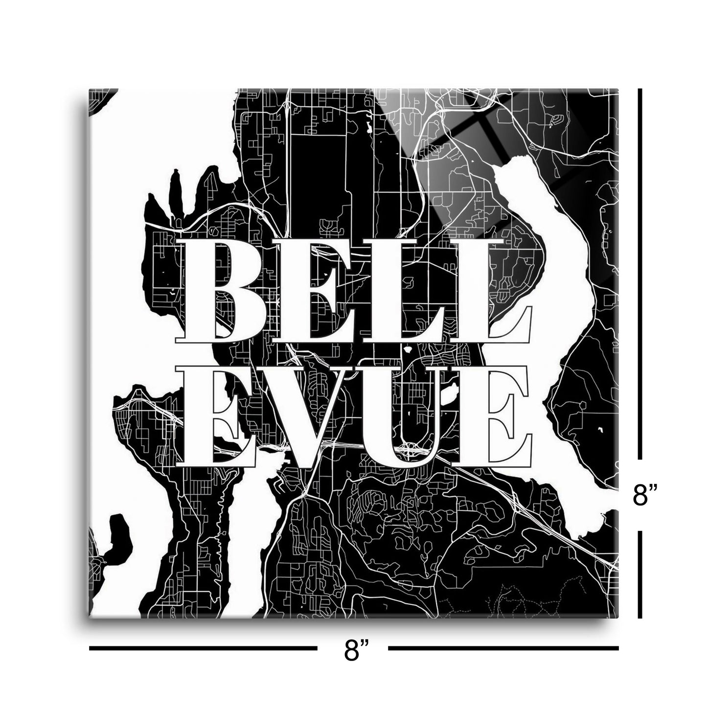Minimalistic B&W Washington Bellevue Map | Hi-Def Glass Art | Eaches | Min 2