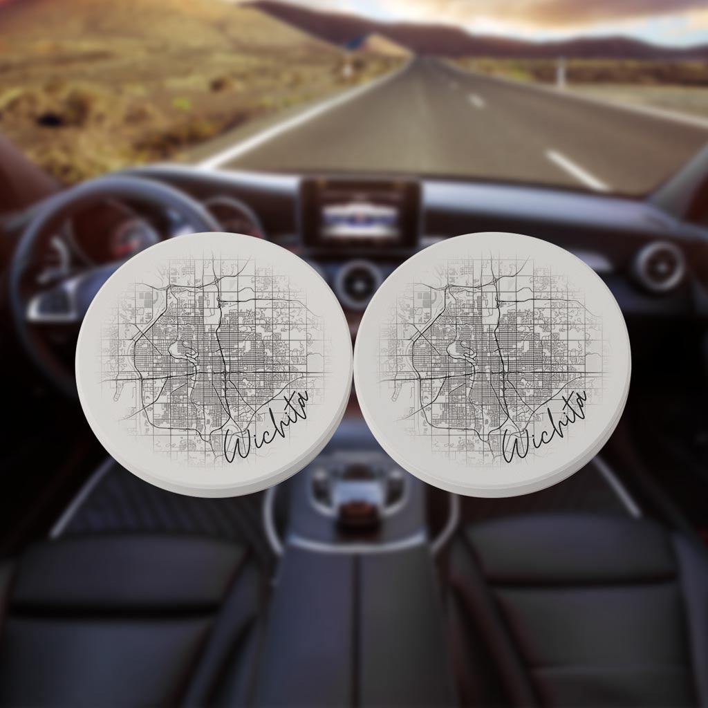 Minimalistic B&W Kansas Wichita Circle Map | Absorbent Car Coasters | Set of 2 | Min 4