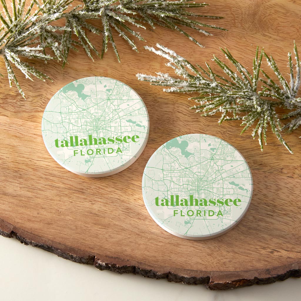 Bright Modern Green Map Florida Tallahassee | Absorbent Car Coasters | Set of 2 | Min 4