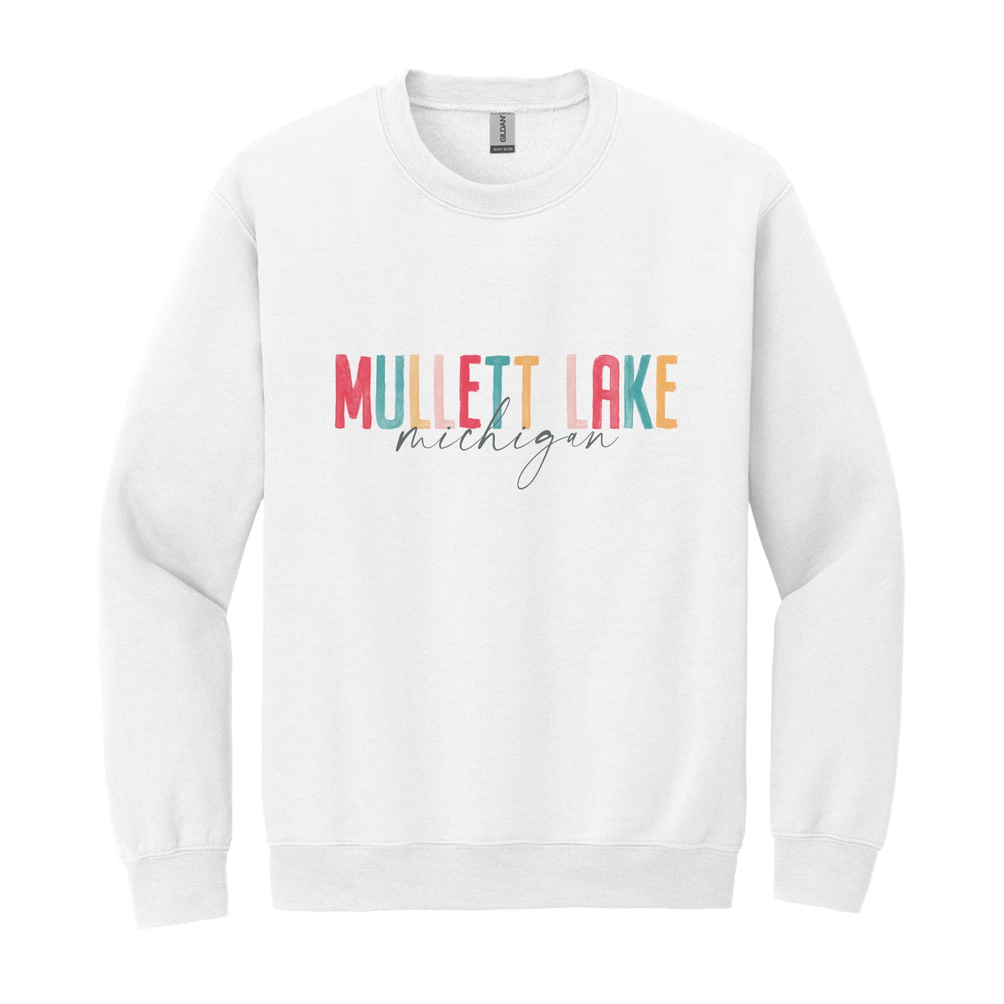 Gildan Sweatshirt White-Watercolor City Mullett Lake Michigan