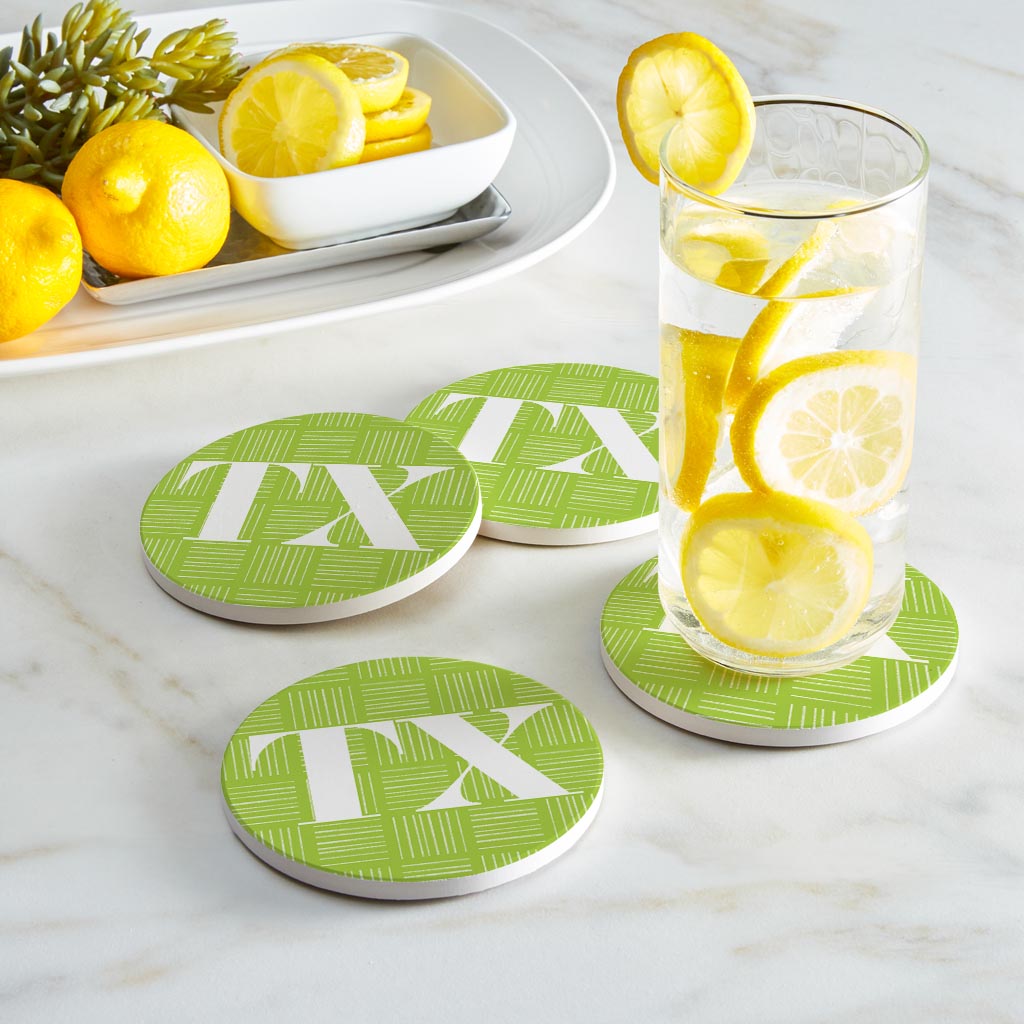 Bright Modern Abbreviated On Green Texas | Absorbent Coasters | Set of 4 | Min 2