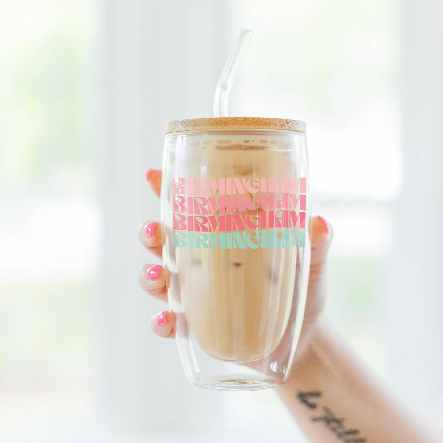 16oz Custom Insulated Glass Tumbler Bright Retro Wave Detail