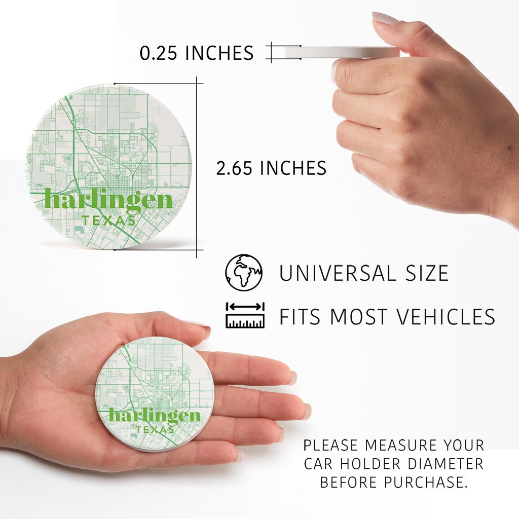 Bright Modern Green Map Texas Harlingen | Absorbent Car Coasters | Set of 2 | Min 4