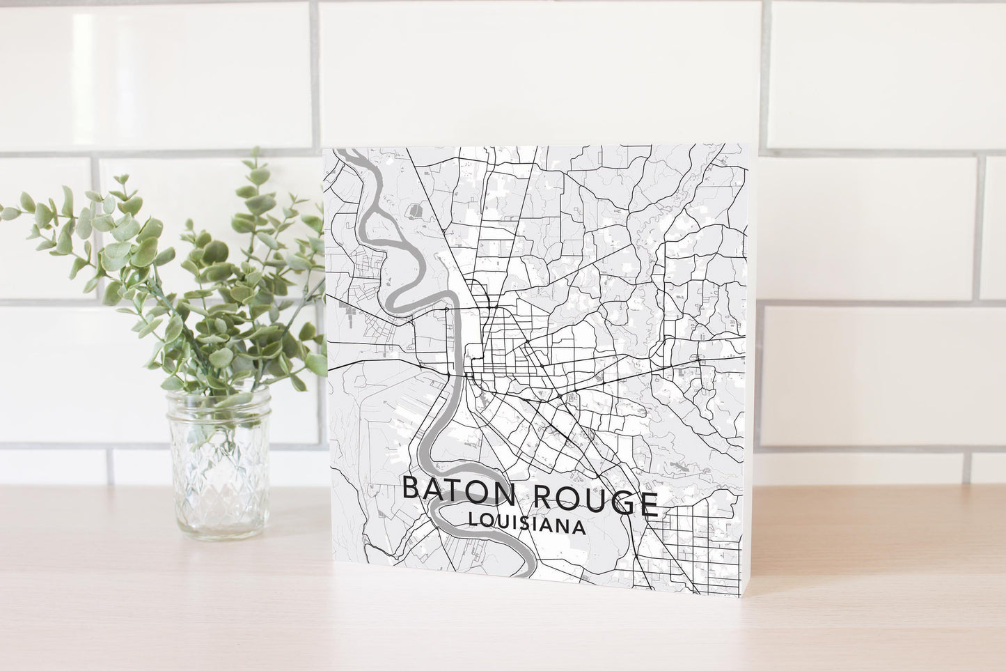 Minimalistic Baton Rouge White Map | Wood Block | Eaches | Min 2