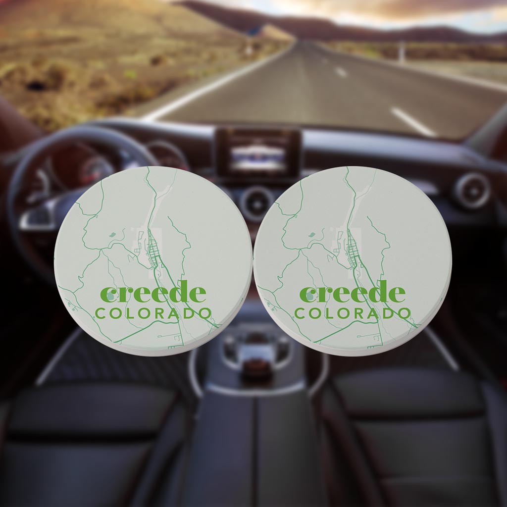 Bright Modern Green Map Colorado Creede| Absorbent Car Coasters | Set of 2 | Min 4
