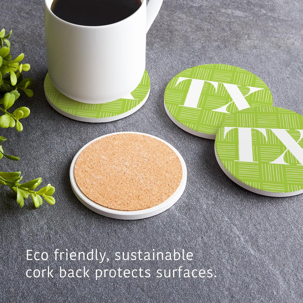 Bright Modern Abbreviated On Green Texas | Absorbent Coasters | Set of 4 | Min 2