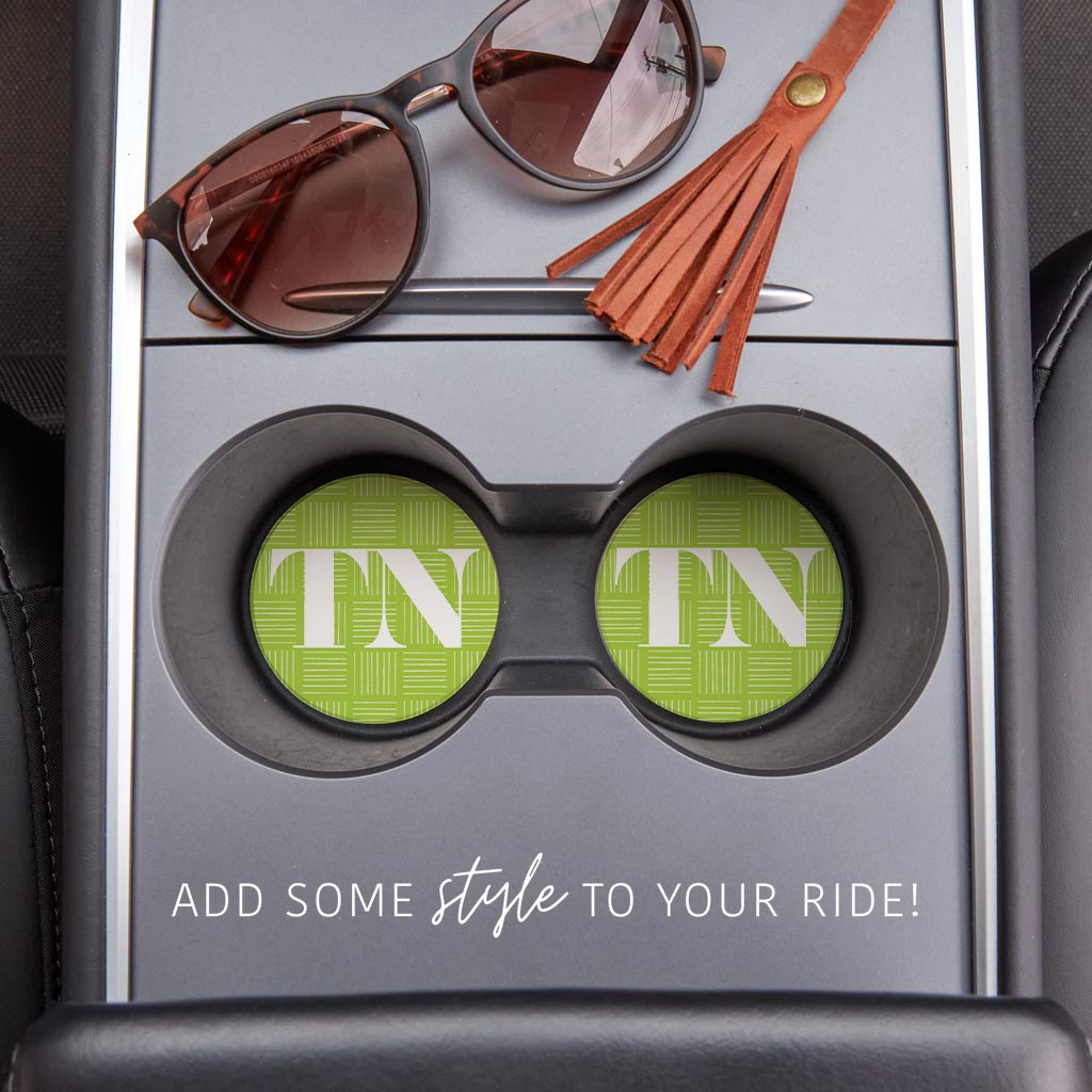 Bright Modern Abbreviated On Green Tennessee | Absorbent Car Coasters | Set of 2 | Min 4