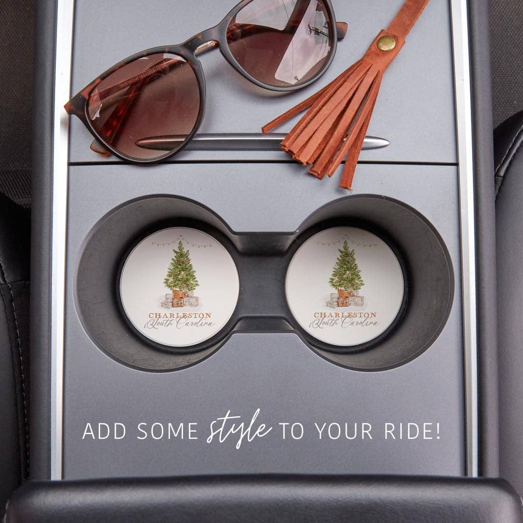 Car Coaster Set of 2, Cottage Christmas Tree, Name Drop