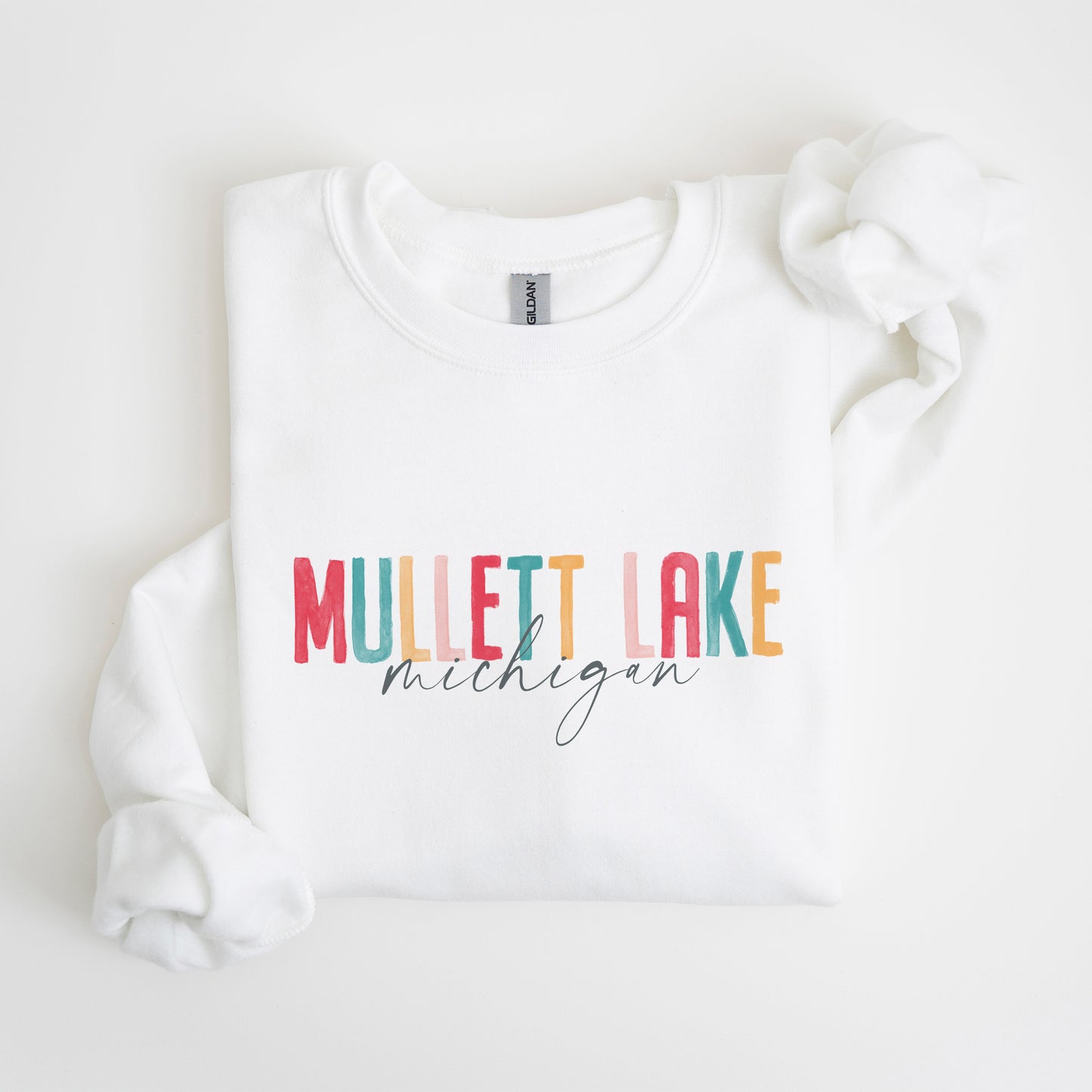 Gildan Sweatshirt White-Watercolor City Mullett Lake Michigan
