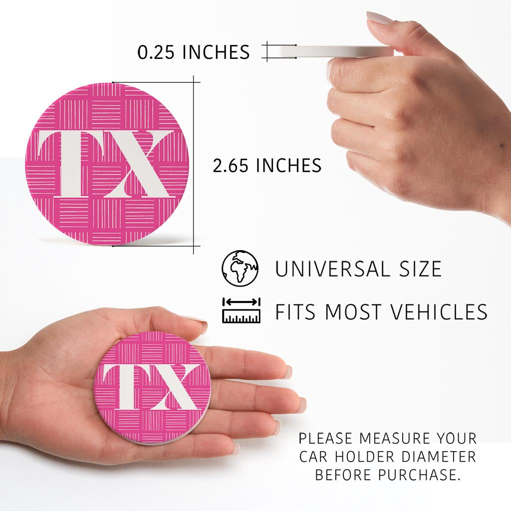 Bright Modern Abbreviated On Pink Texas| Absorbent Car Coasters | Set of 2 | Min 4
