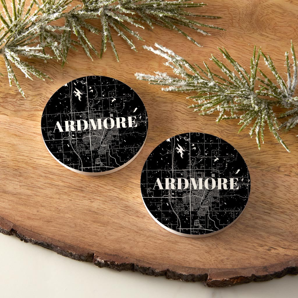 Minimalistic B&W Ardmore Ok Map | Absorbent Car Coasters | Set of 2 | Min 4