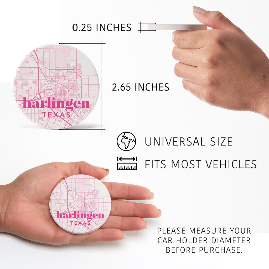 Bright Modern Pink Map Texas Harlingen | Absorbent Car Coasters | Set of 2 | Min 4