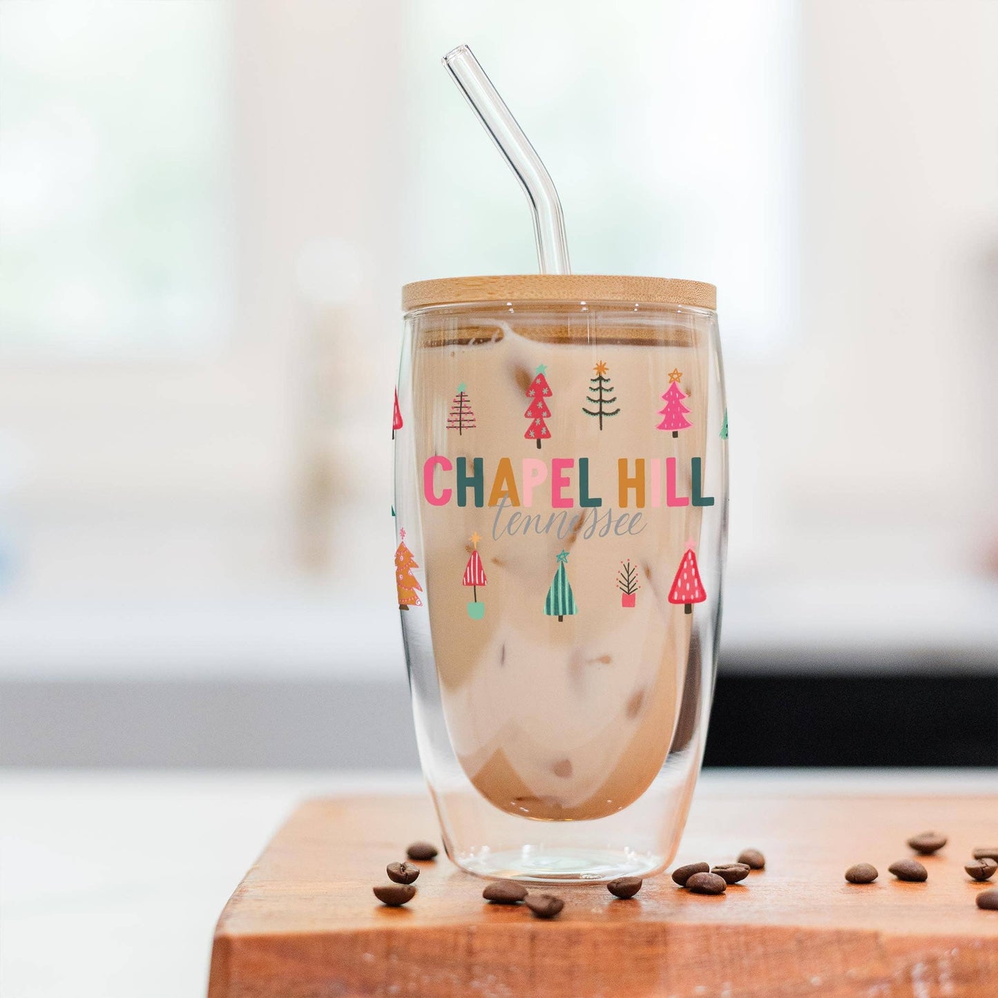 16oz Custom Insulated Glass Tumbler Bright Christmas Trees