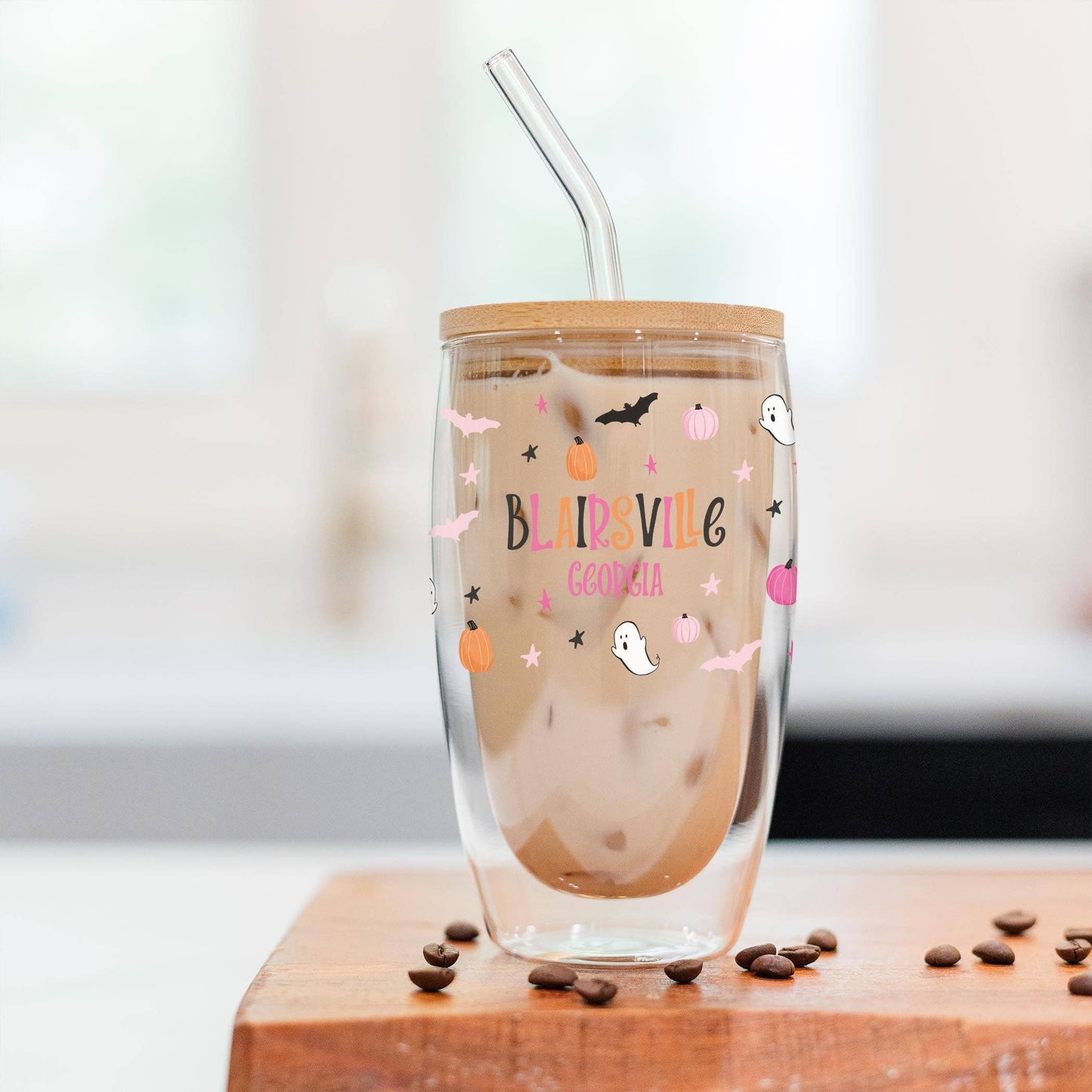 16oz Custom Insulated Glass Tumbler Bright Halloween Detail