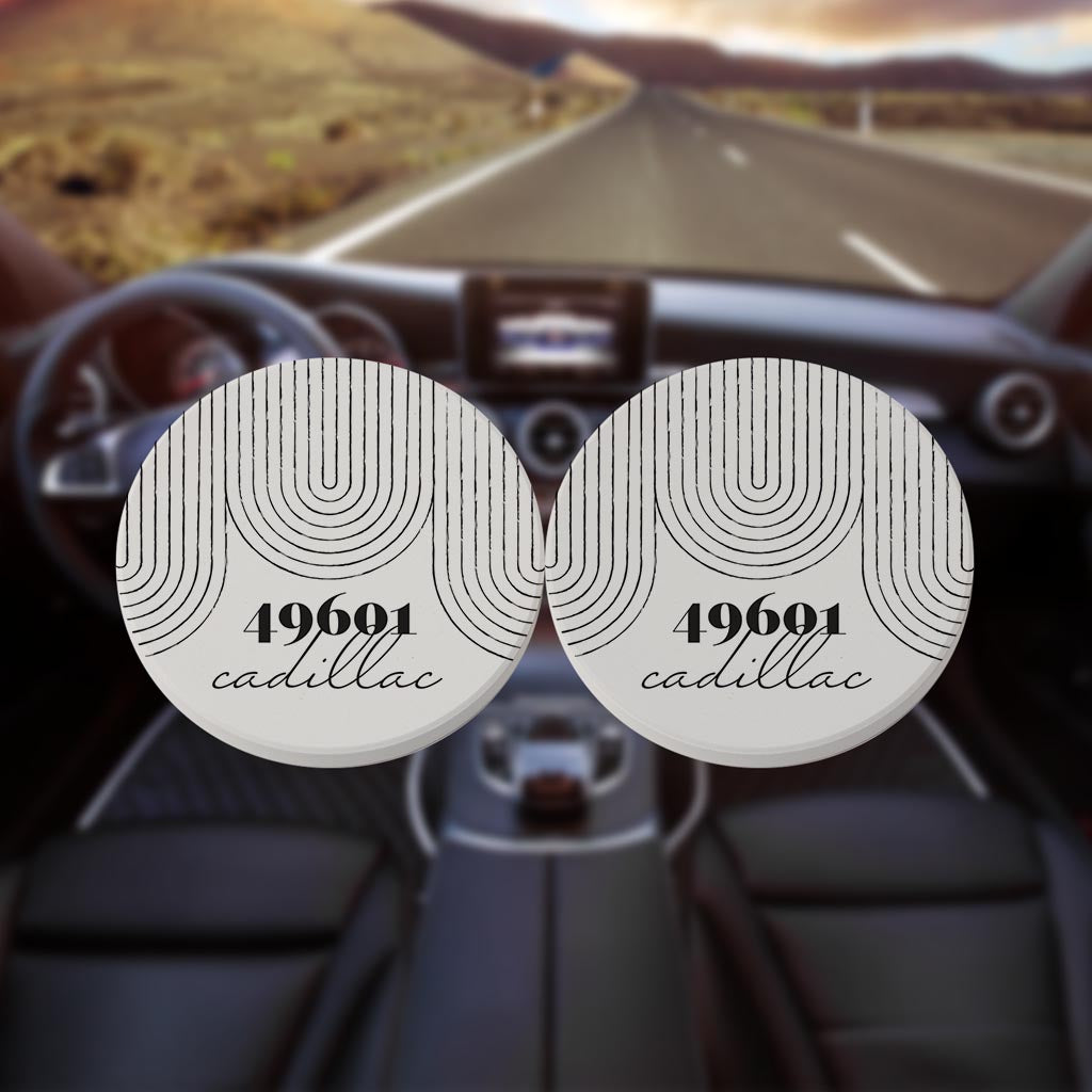 Black And White City Zip On White Michigan Cadillac | Absorbent Car Coasters | Set of 2 | Min 4