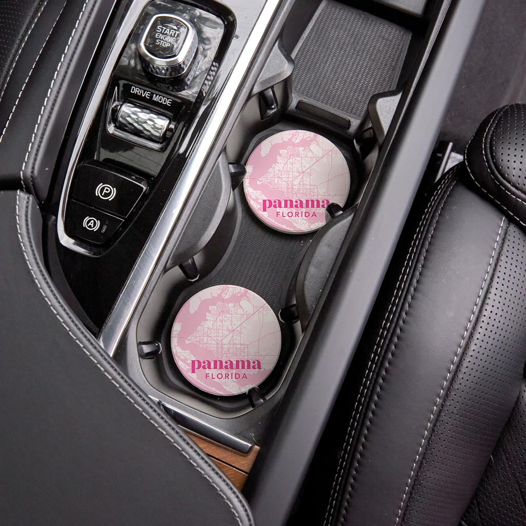 Bright Modern Pink Map Florida Panama | Absorbent Car Coasters | Set of 2 | Min 4
