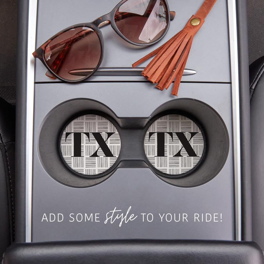 Black And White Abbreviated On White Texas | Absorbent Car Coasters | Set of 2 | Min 4