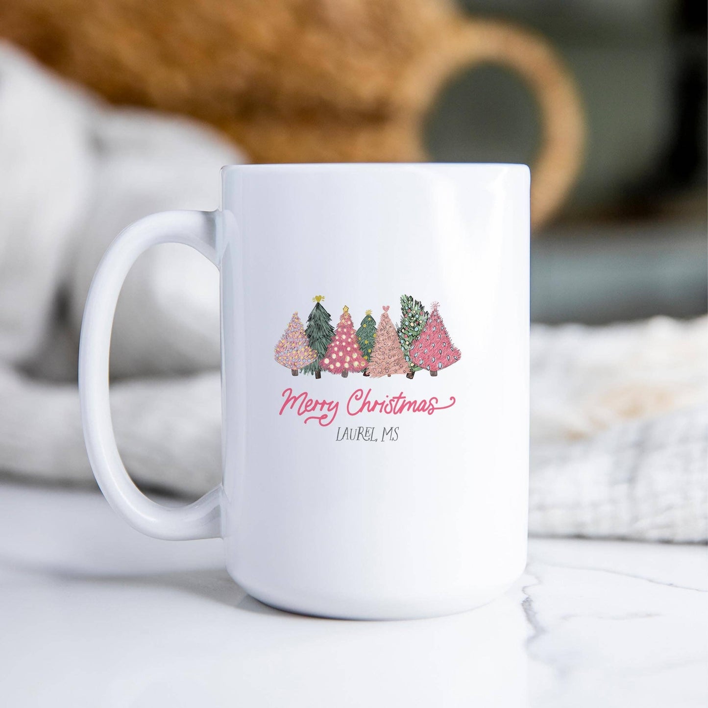 15oz Custom Ceramic Coffee Mug - Pink Christmas Trees