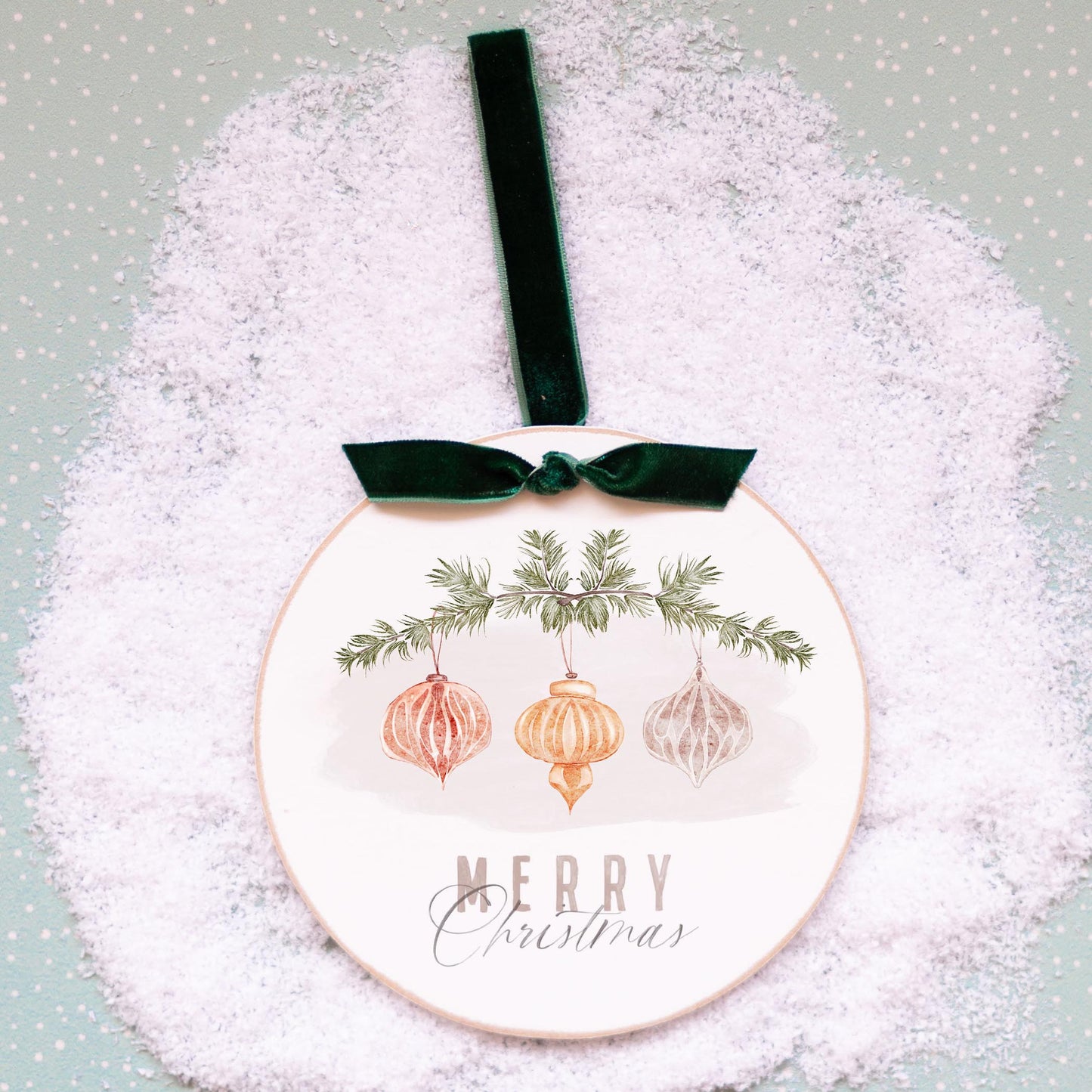 6" Round Ornament Green Ribbon-Ornaments Merry Christmas -0