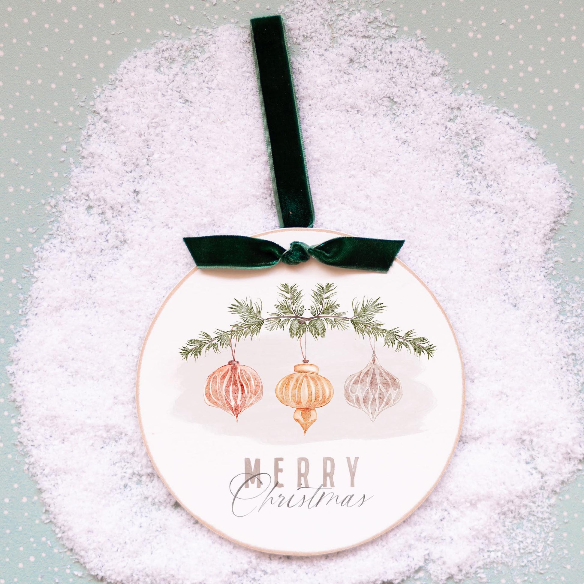 6" Round Ornament Green Ribbon-Ornaments Merry Christmas -0
