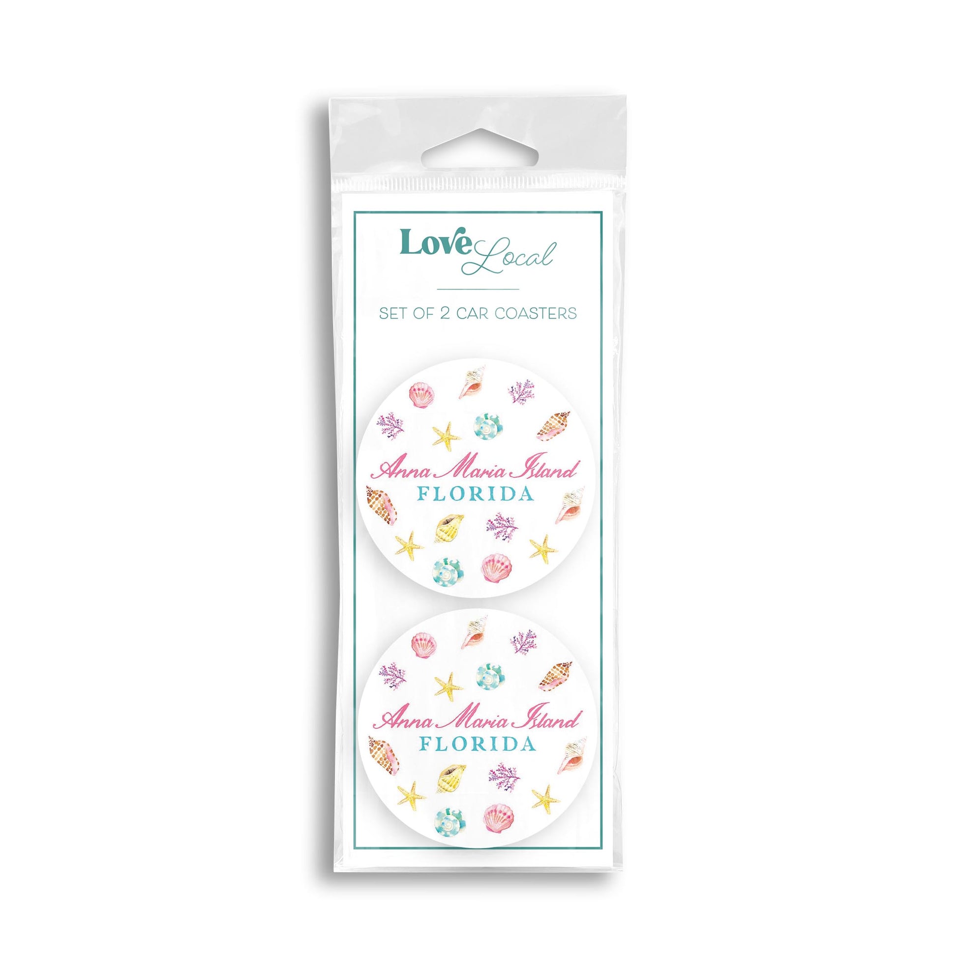 Car Coaster 2-Pack Love Local-Shells & Shoreline Anna Maria Island Florida -0
