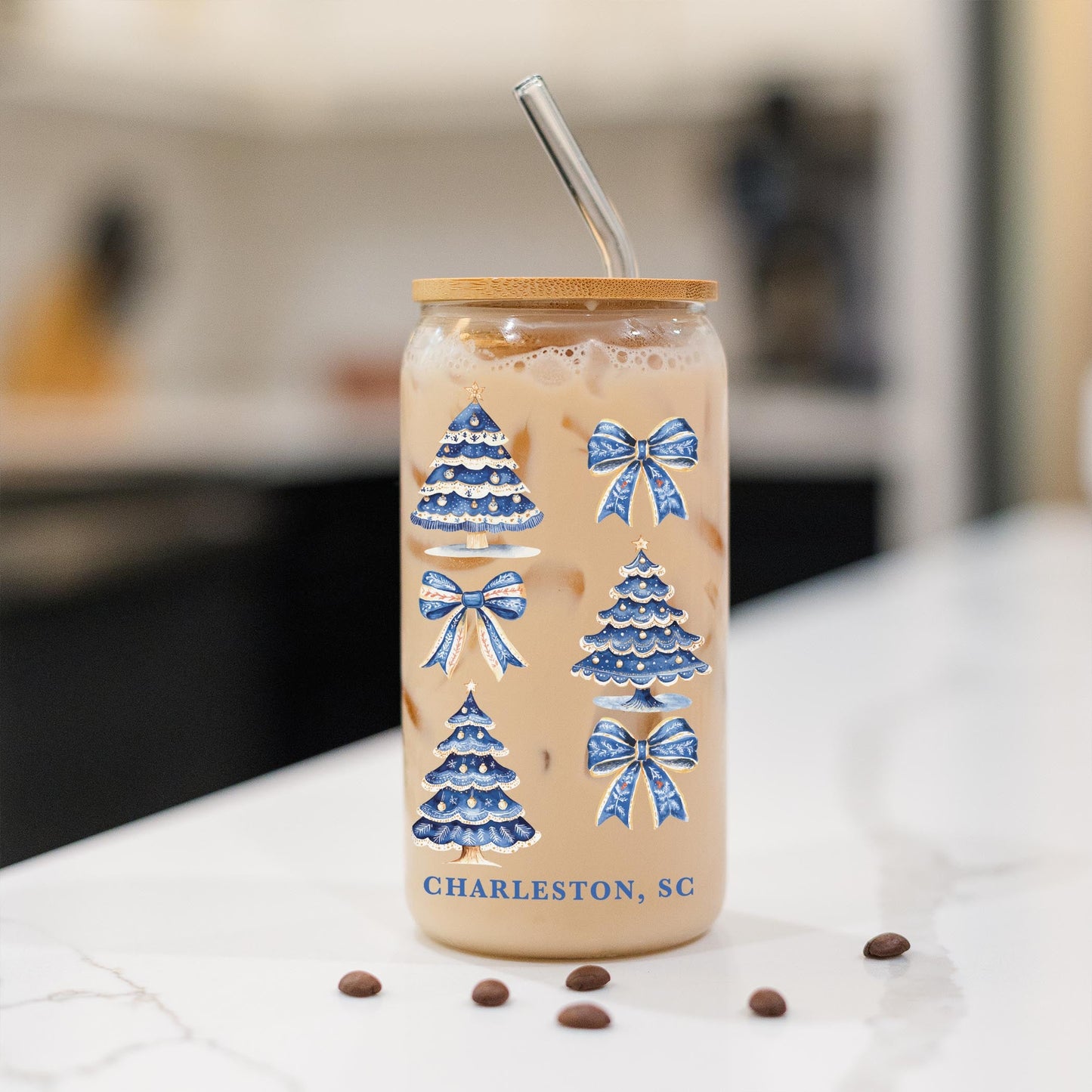 16oz Cold Brew Glass-Love+Local Blue Noel - A Grand Millennial Christmas
