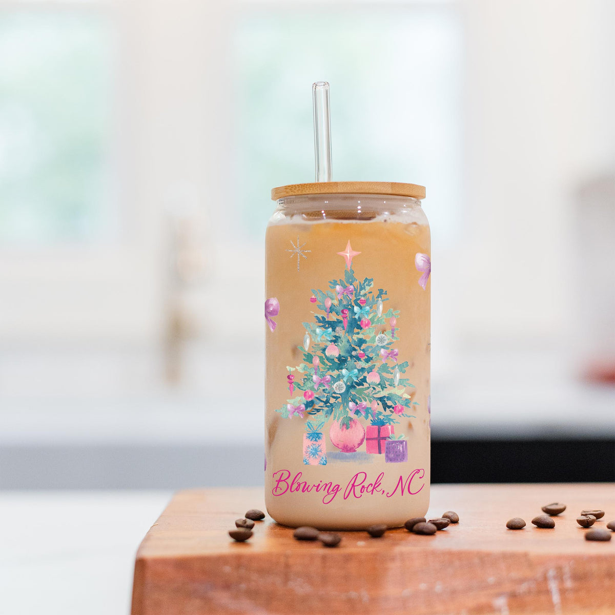 16oz Cold Brew Glass-Watercolor Sugar Plum Blowing Rock North Carolina -2