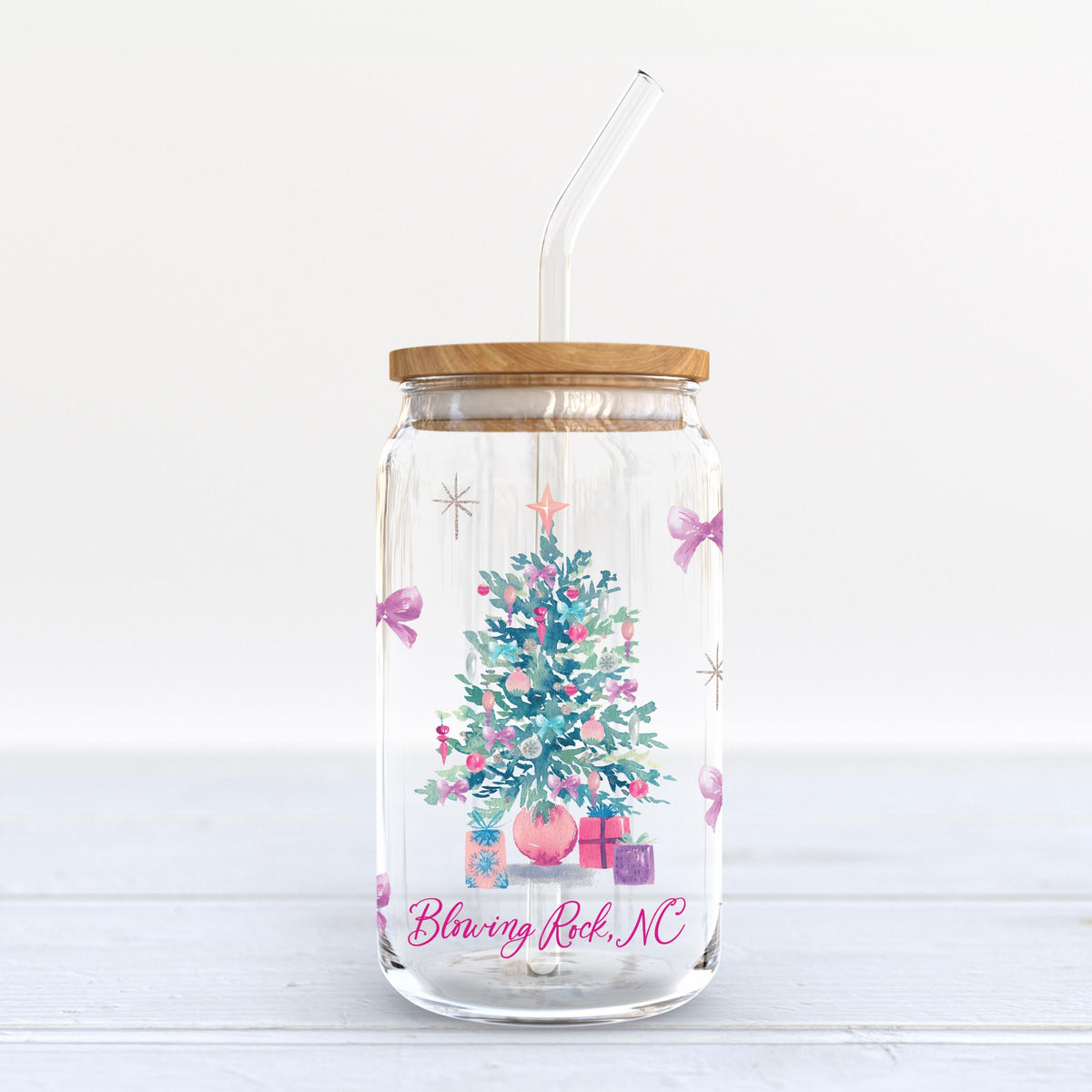 16oz Cold Brew Glass-Watercolor Sugar Plum Blowing Rock North Carolina -3