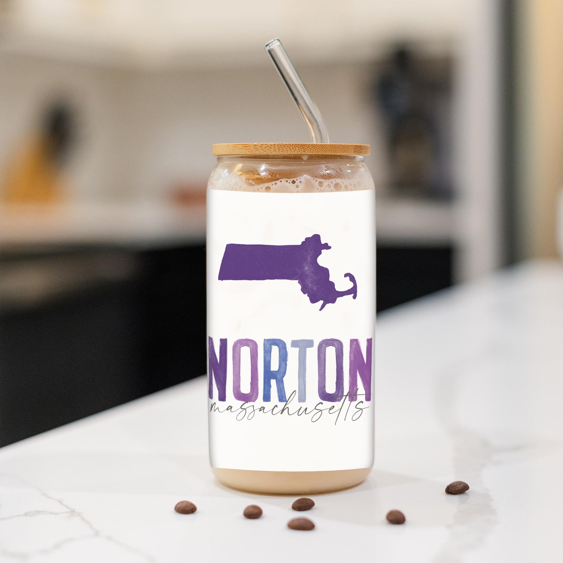 16oz Cold Brew Glass-Watercolor City Purple Norton Massachusetts -1