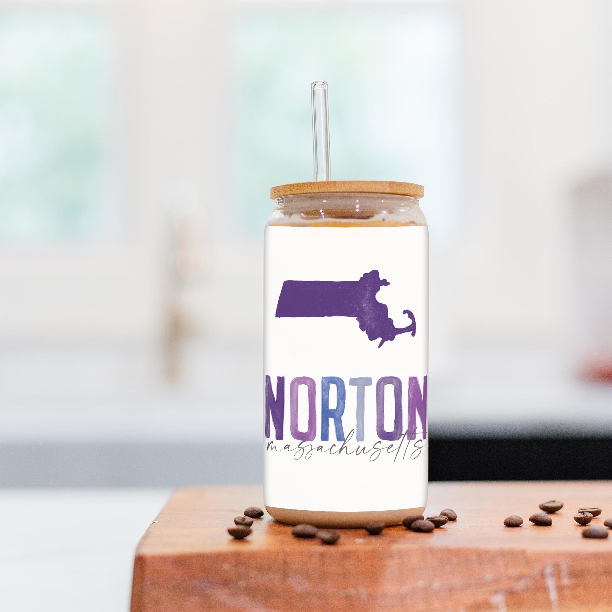 16oz Cold Brew Glass-Watercolor City Purple Norton Massachusetts -2