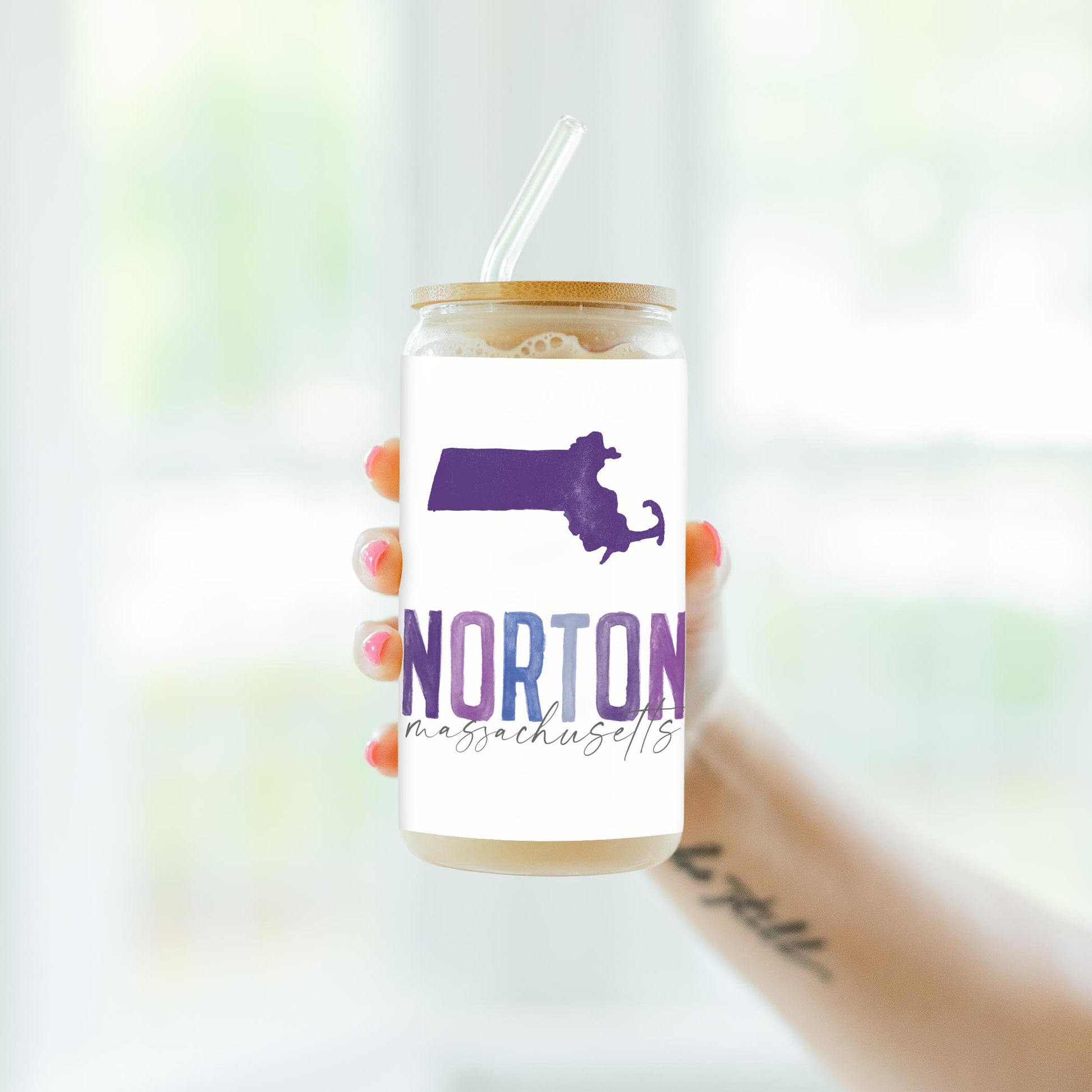 16oz Cold Brew Glass-Watercolor City Purple Norton Massachusetts -4