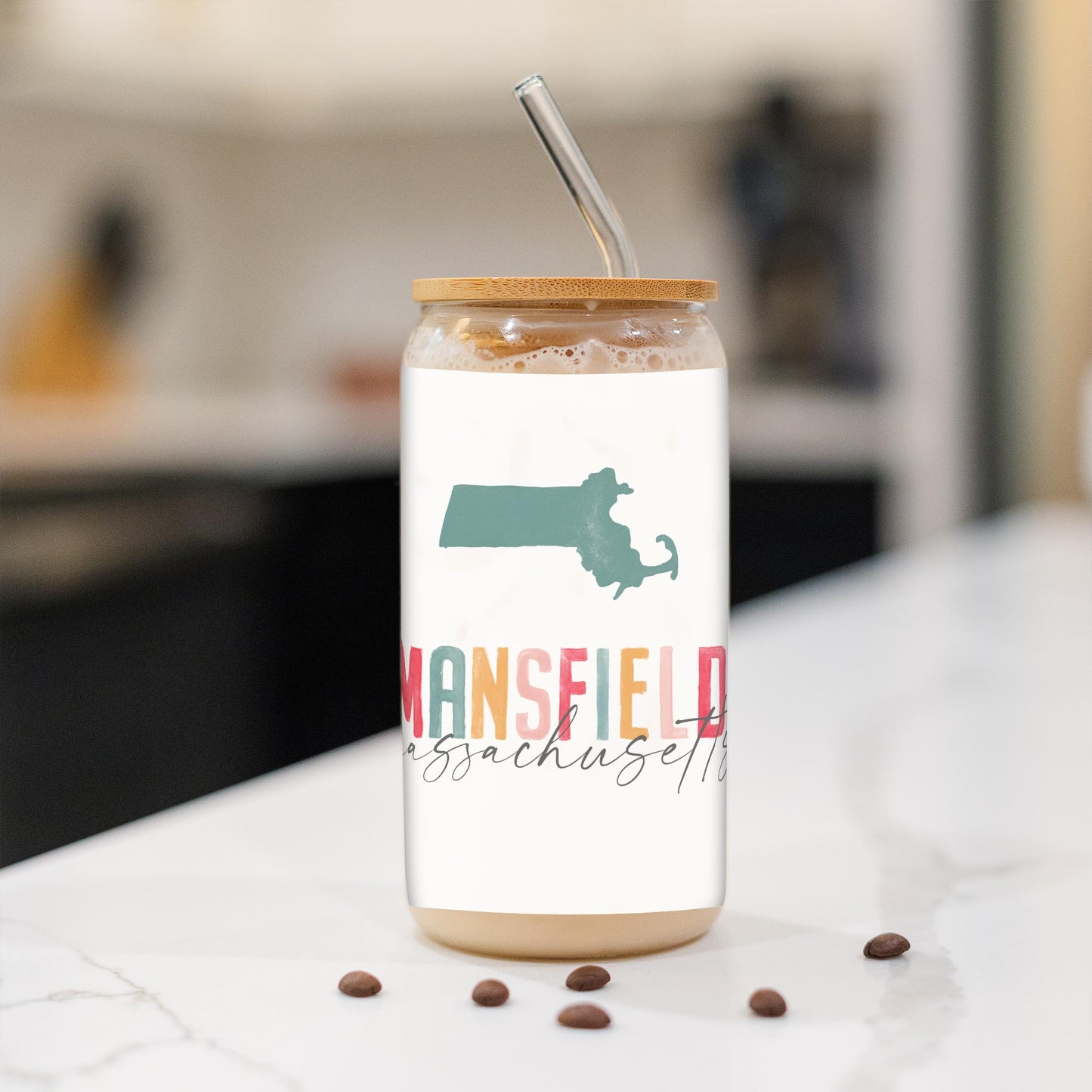 16oz Cold Brew Glass-Watercolor City Mansfield Massachusetts -1