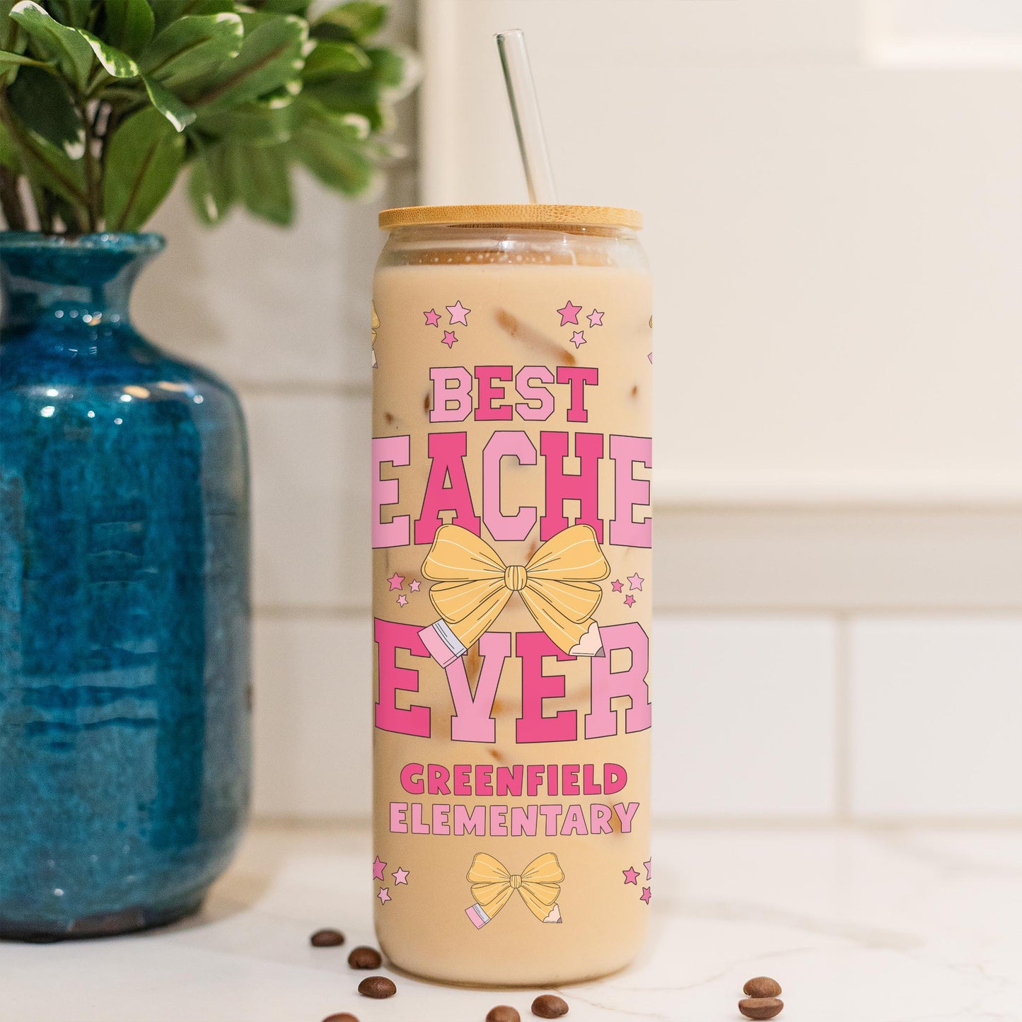 24oz Cold Brew Glass-Love+Local Classroom Coquette Best Teacher Ever -4