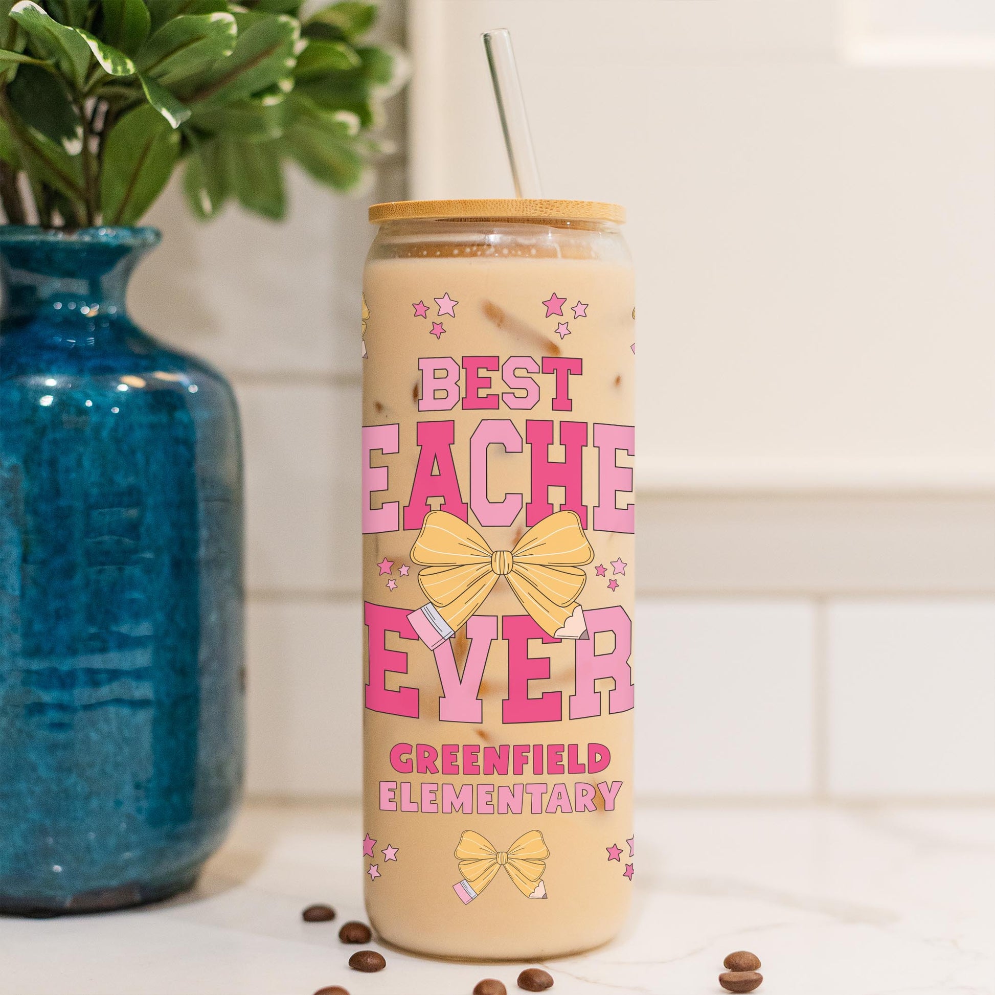 24oz Cold Brew Glass-Love+Local Classroom Coquette Best Teacher Ever -4