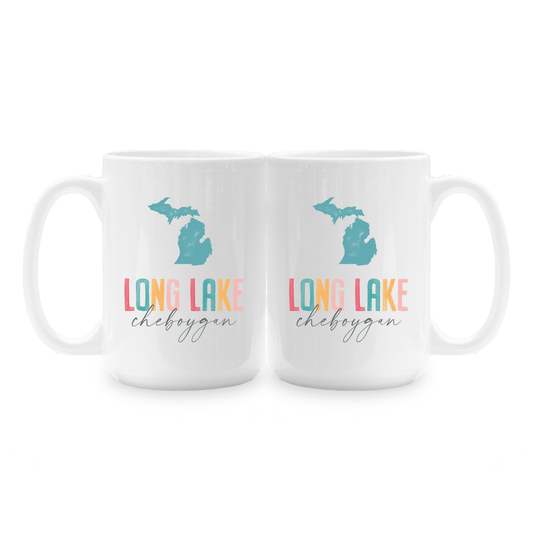 15oz Coffee Mug White-Watercolor City Long Lake Cheboygan Michigan