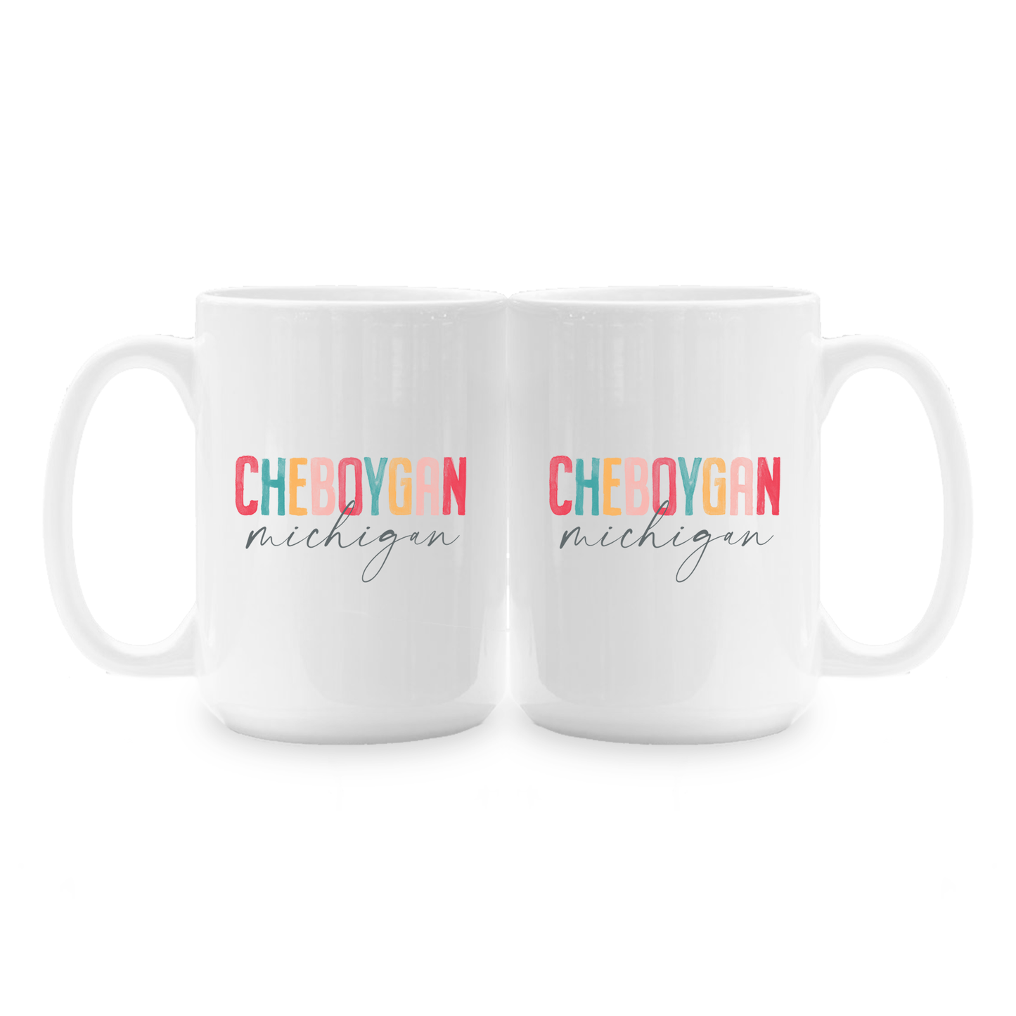 15oz Coffee Mug White-Watercolor City Cheboygan Michigan