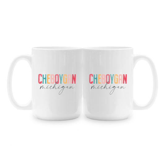 15oz Coffee Mug White-Watercolor City Cheboygan Michigan