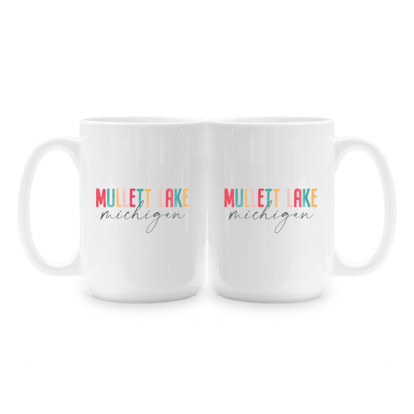 15oz Coffee Mug White-Watercolor City Mullett Lake Michigan