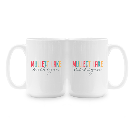 15oz Coffee Mug White-Watercolor City Mullett Lake Michigan