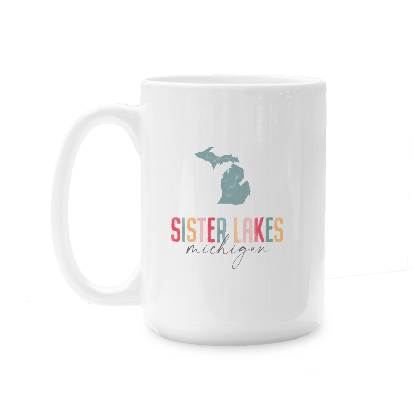 15oz Coffee Mug White-Watercolor City Sister Lakes Michigan -0